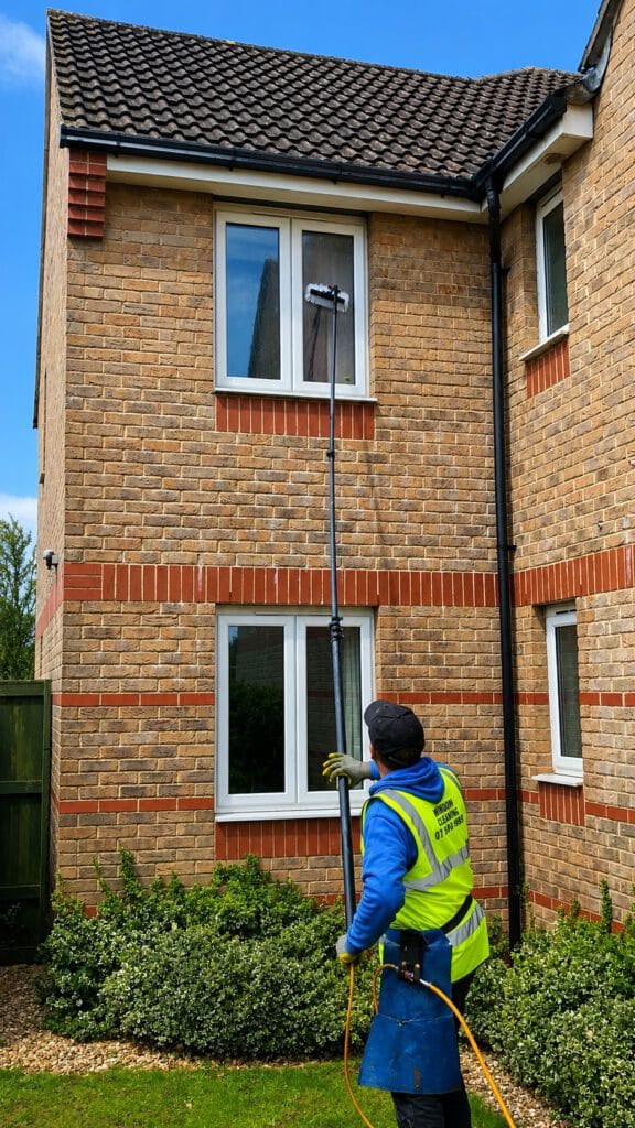 AquaClean operative cleaning an upstairs window on a brick house