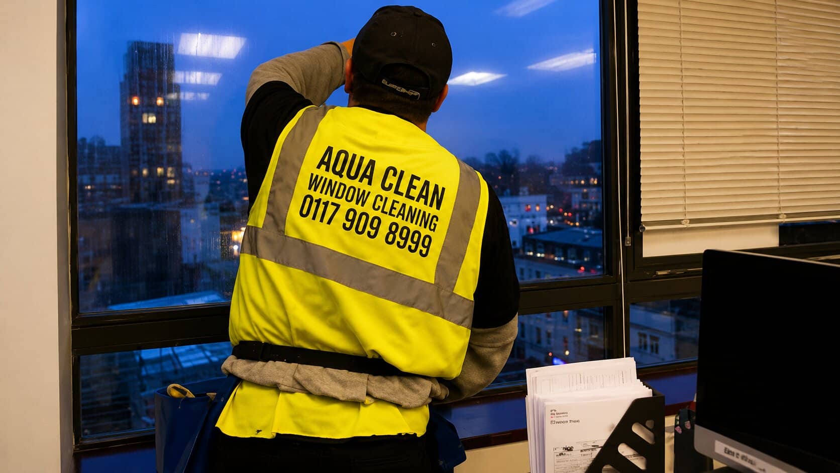 AquaClean operative cleaning the inside of an office window