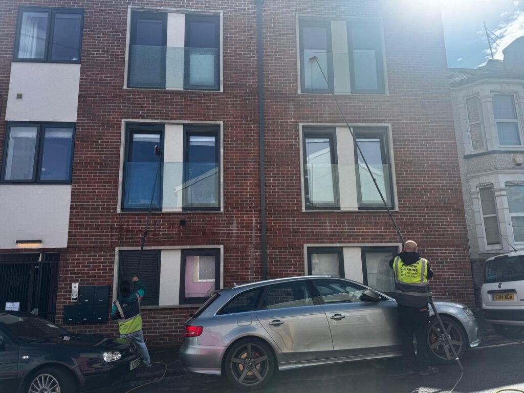 AquaClean team using extended poles to reach apartment windows